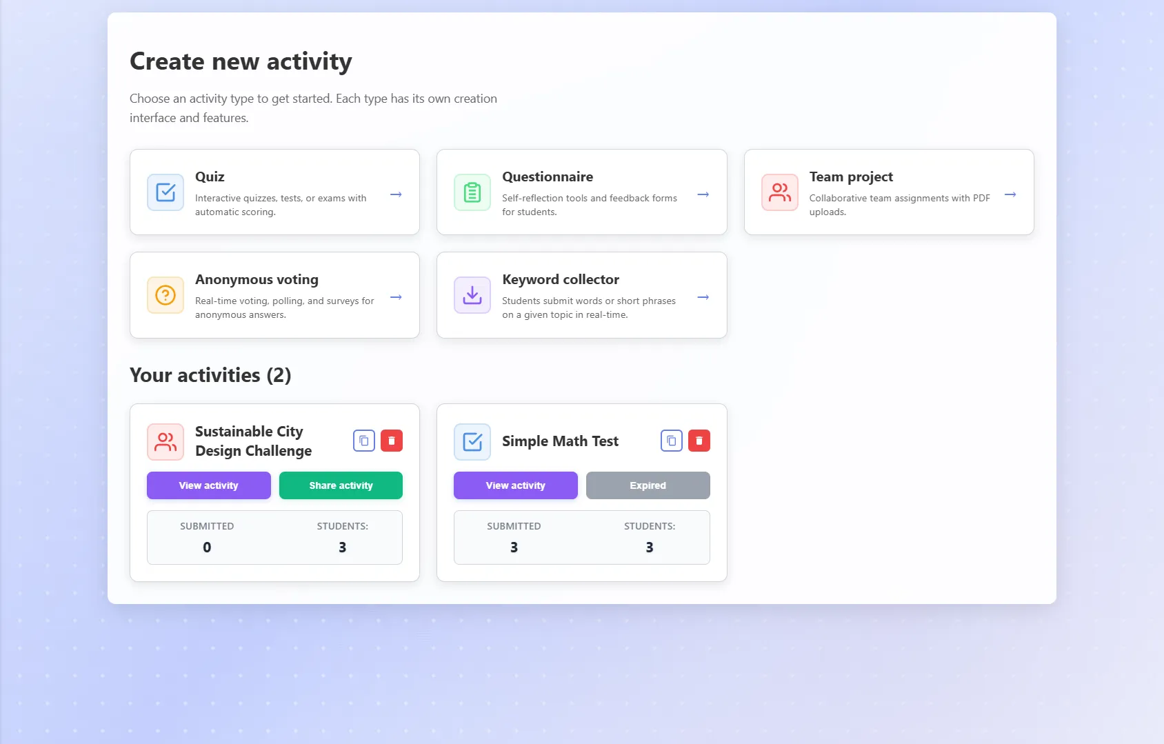 TeachersFlow activities and teaching materials interface