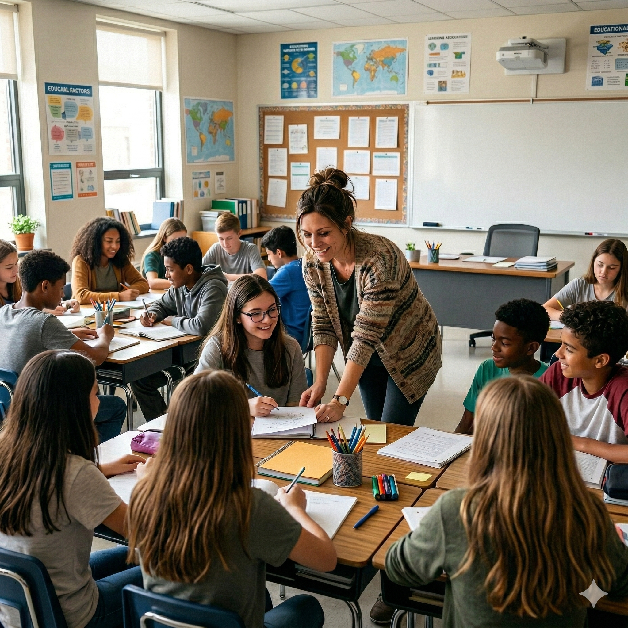 Teacher helping students in class