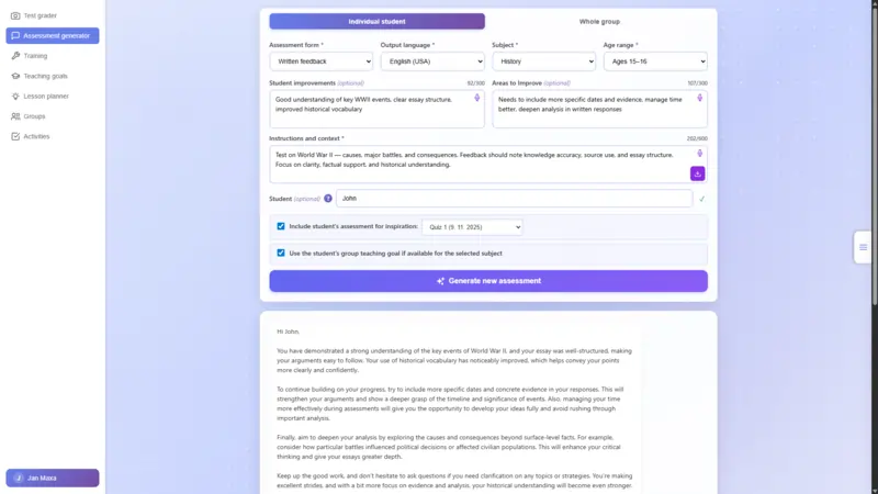 TeachersFlow assessment generation interface